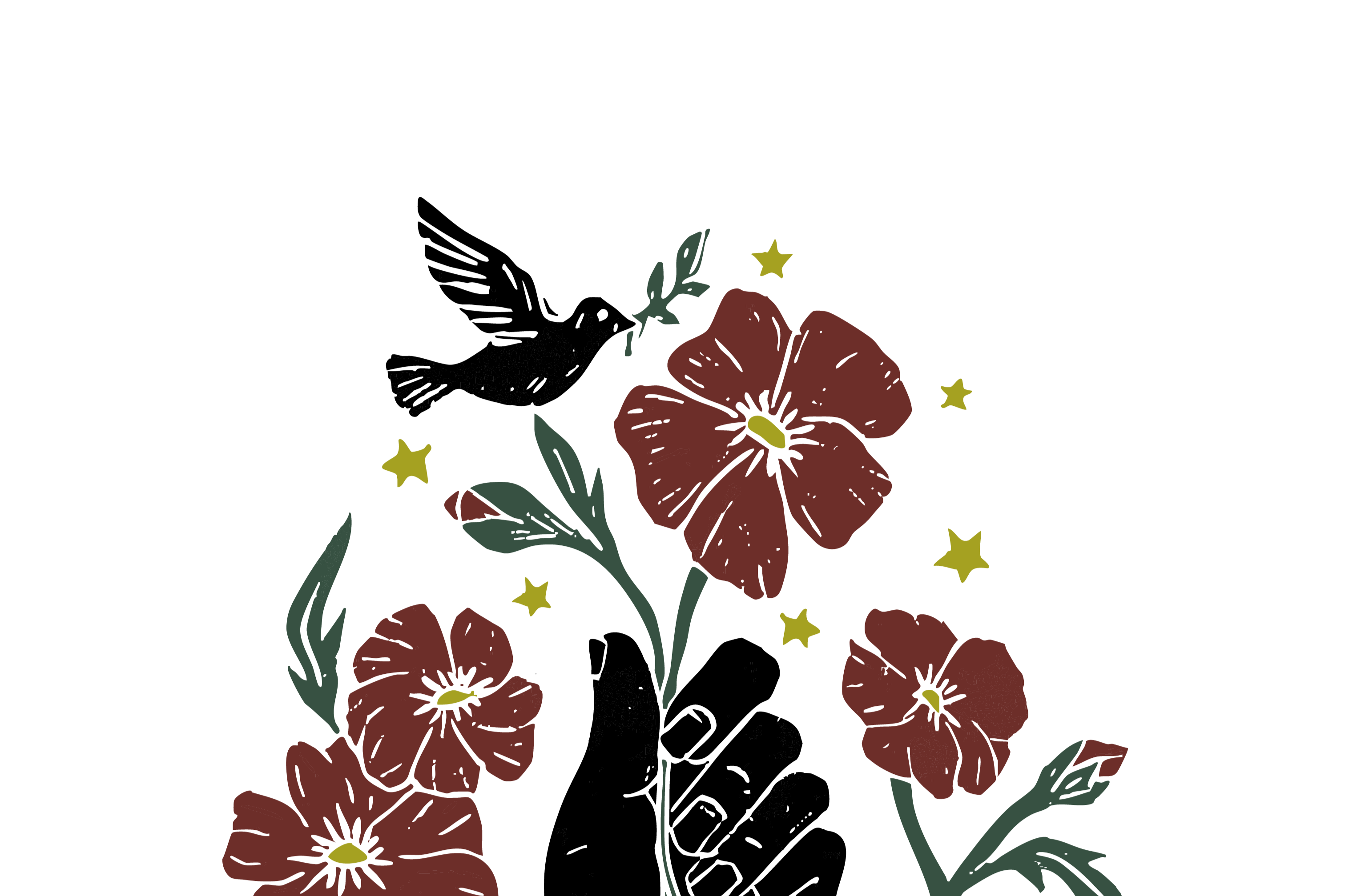 Artistic design with flowers, a hand, a key, and a bird with 'NO WAR' text on a white background.